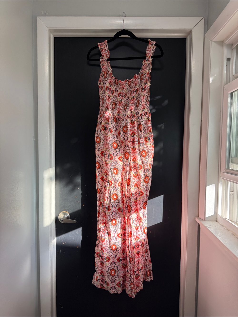 Boden Coral, White & Pink Floral Smocked Jumpsuit